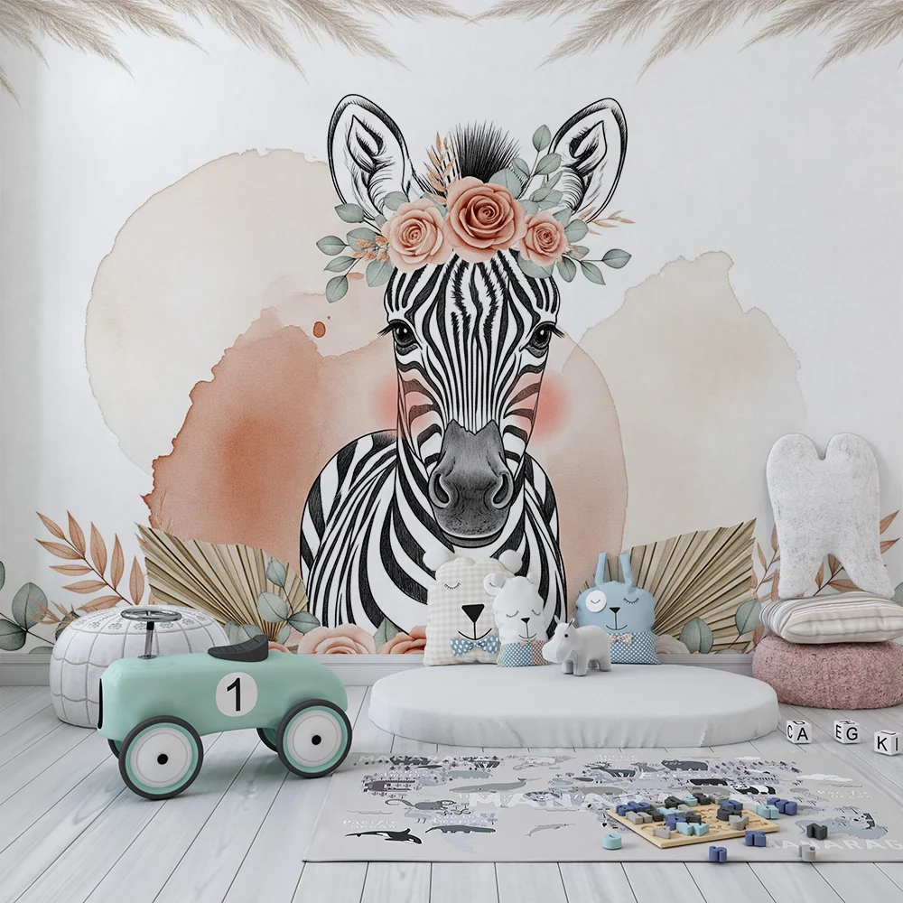 Papier de parede za bebe | Simpatični zebra s cvjetnom krunom