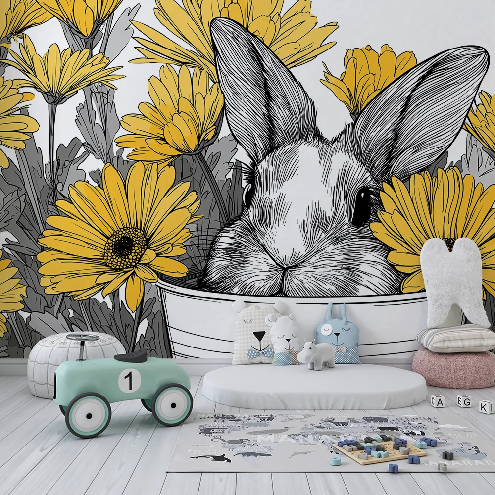 Papier de parede crianç | Coelho fofo cercado por flores amarelas brilhantes