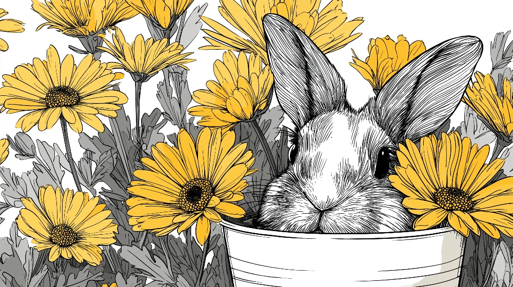 Papier de parede crianç | Coelho fofo cercado por flores amarelas brilhantes