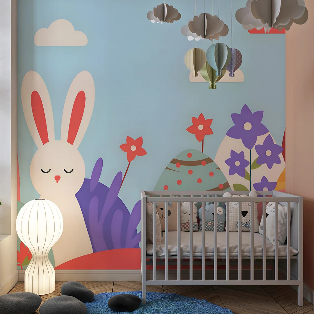 Papier de parede crianç | Coelho sonhador e jardim colorido