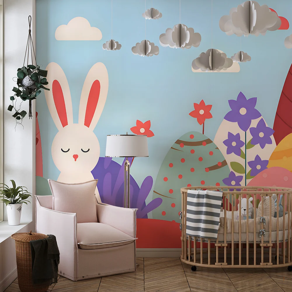 Papier de parede crianç | Coelho sonhador e jardim colorido