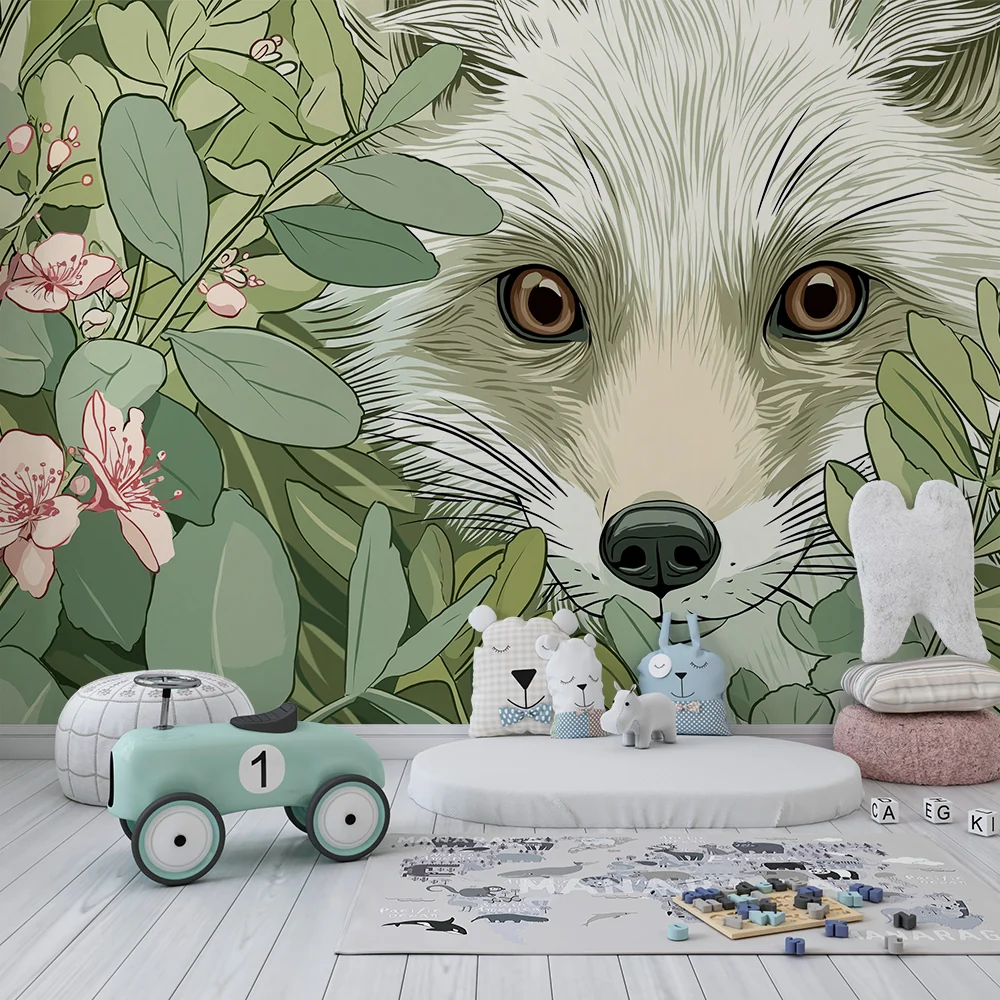 Papier de parede crianç | Curioso raposa entre folhagens e flores delicadas