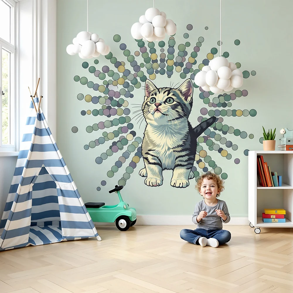 Papier de parede crianç | Gatinho fofo cercado por bolhas coloridas