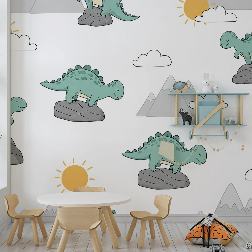 Papier de parede crianç | Simpático dinossauro em um fundo de montanhas e sol