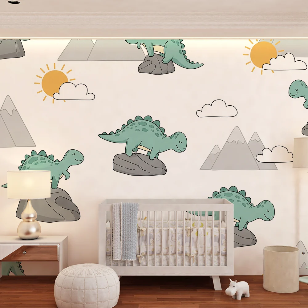 Papier de parede crianç | Simpático dinossauro em um fundo de montanhas e sol