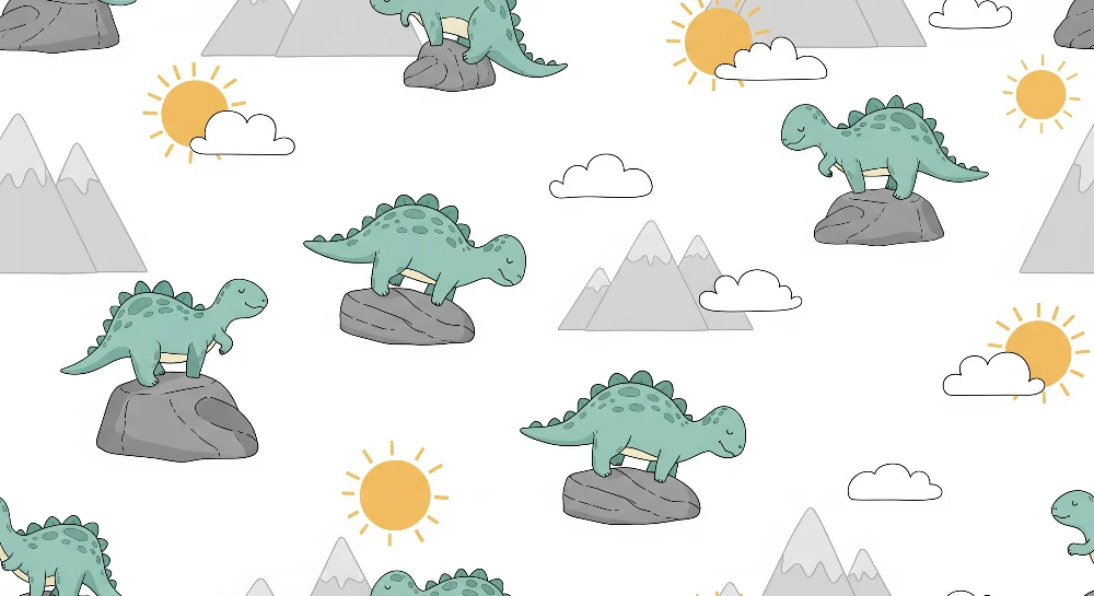 Papier de parede crianç | Simpático dinossauro em um fundo de montanhas e sol