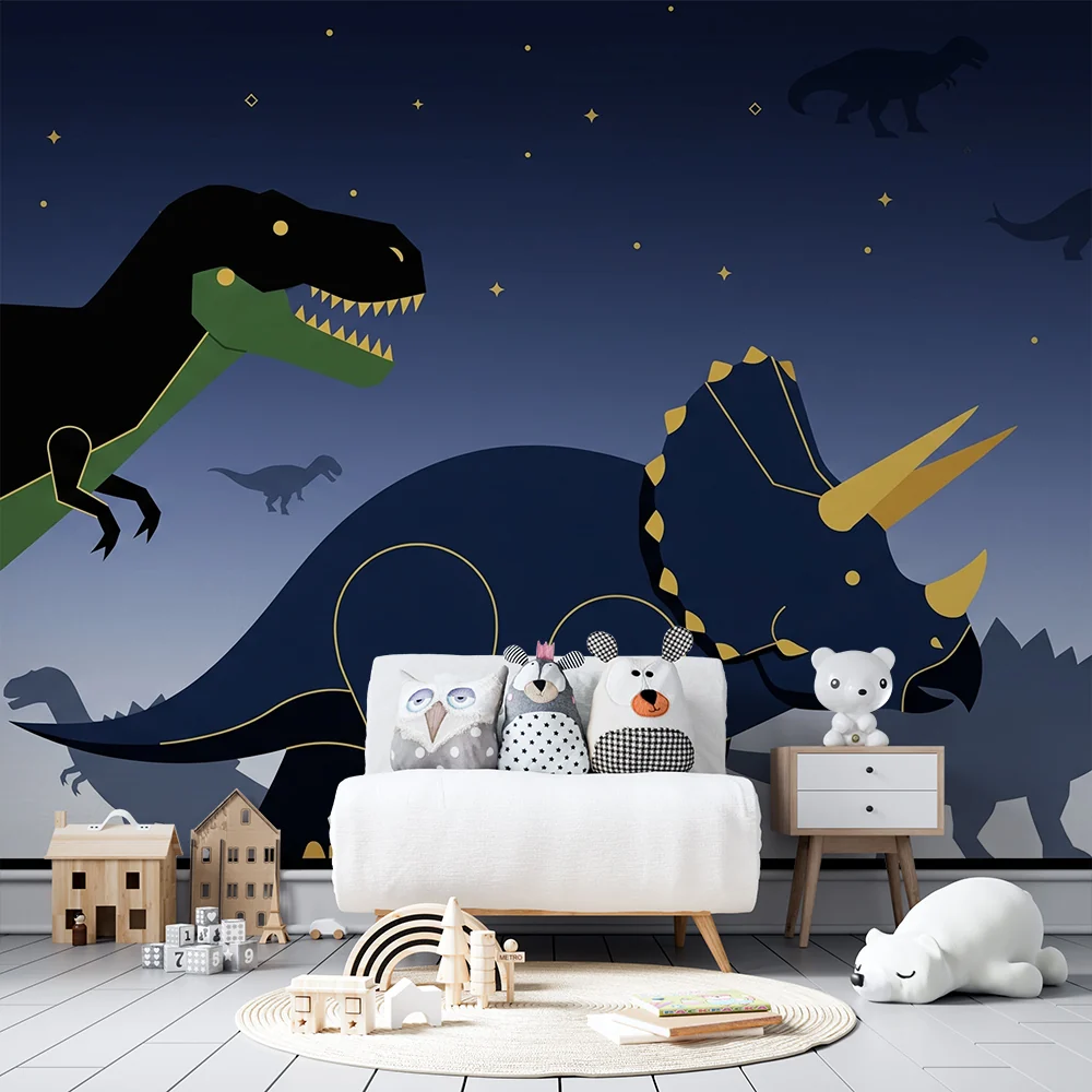 Papier de parede dječja soba | Šareni dinosauri ispod zvjezdane noći