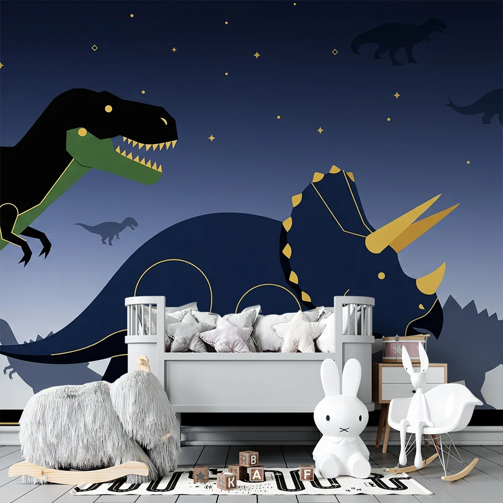 Papier de parede dječja soba | Šareni dinosauri ispod zvjezdane noći