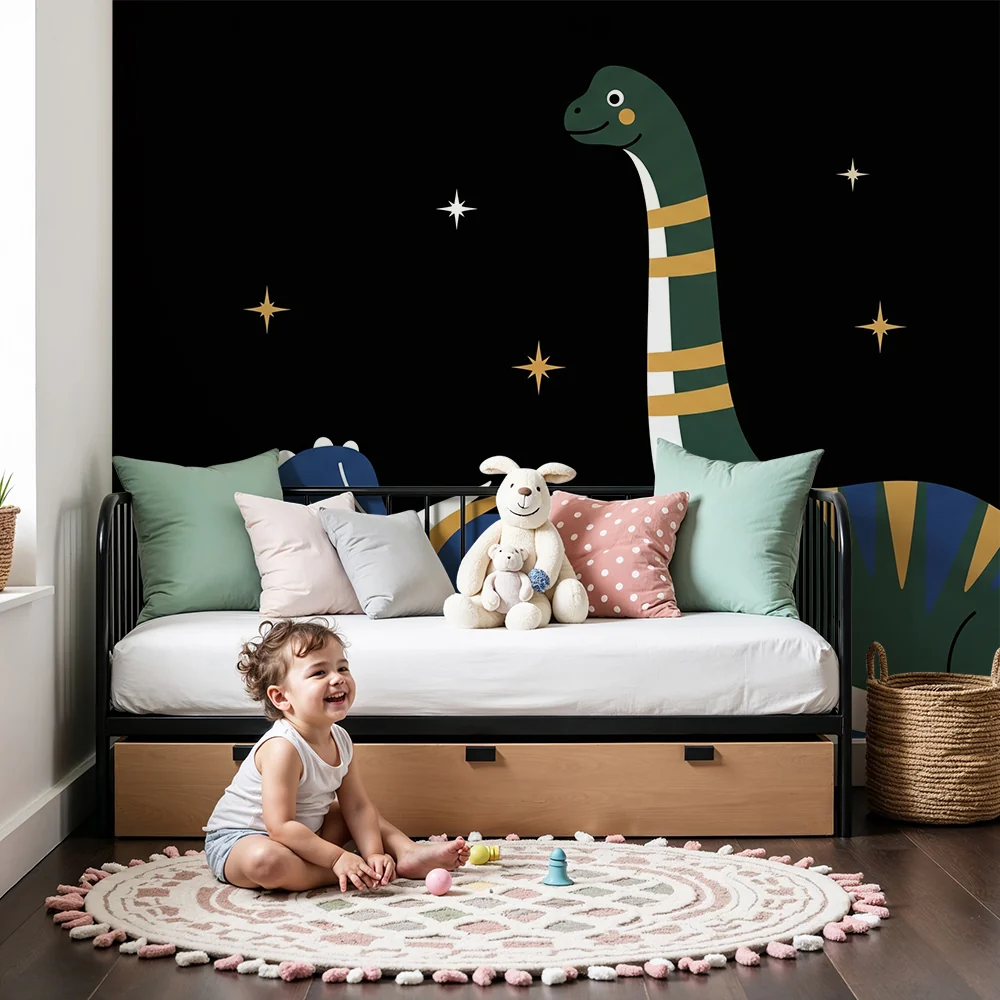 Papier de parede dječja soba | Šareni dinosaurus ispod zvjezdane noćne neba