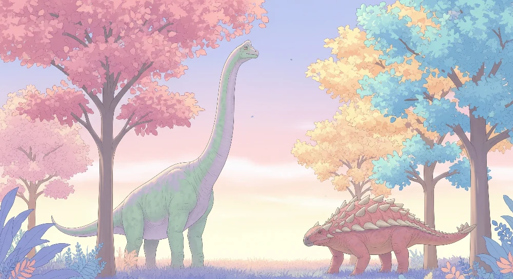 Papier de parede dječja soba | Šareni dinosaurusi ispod pastelnog neba