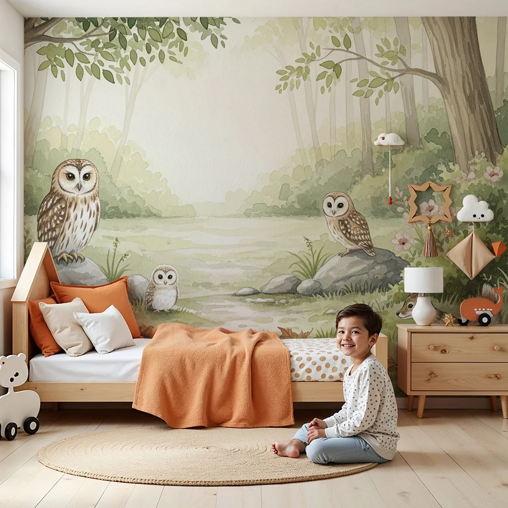 Papier de parede dječja soba | Čarobna šuma s sovama i životinjama