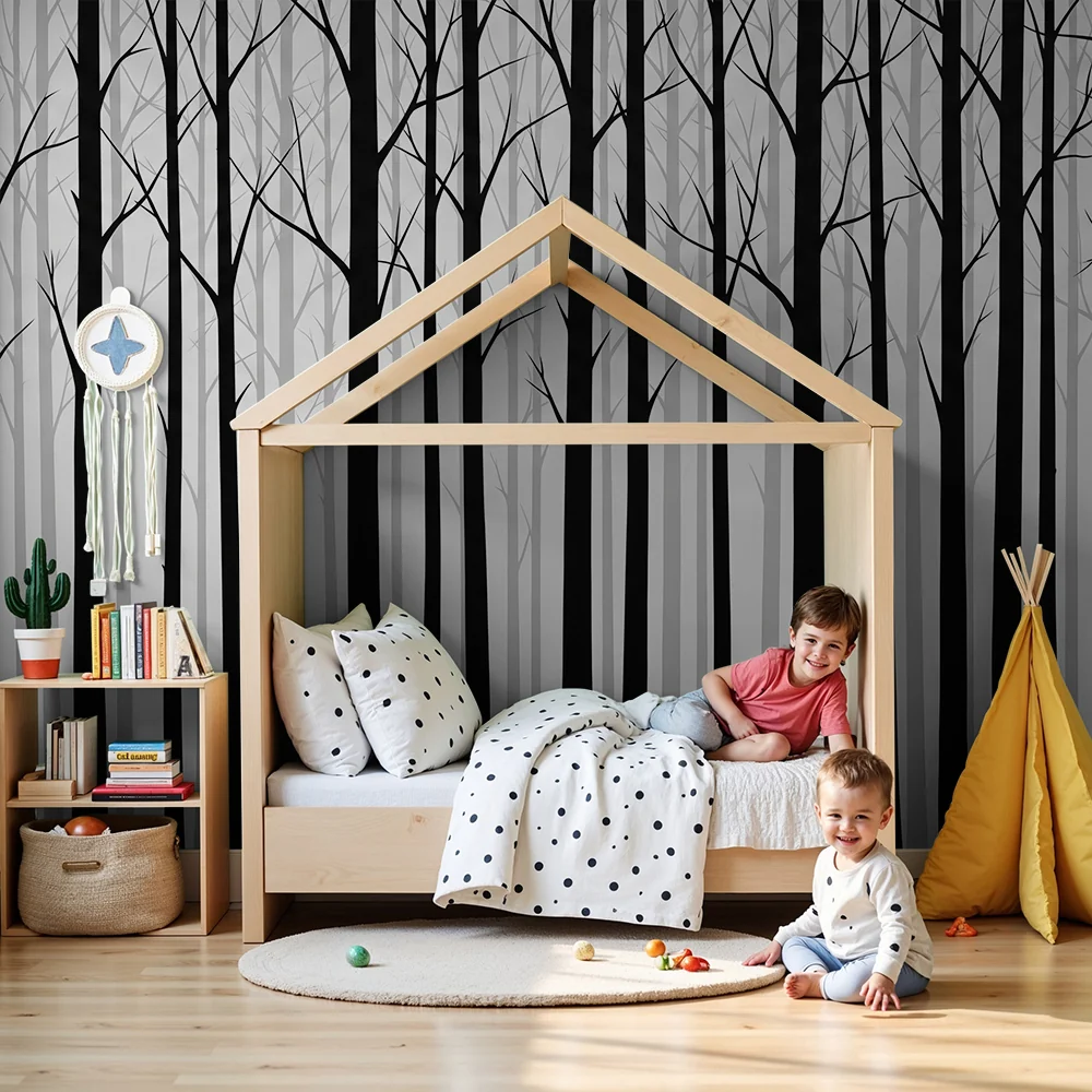 Papier de parede dječja soba | Minimalistička crno-bijela šuma