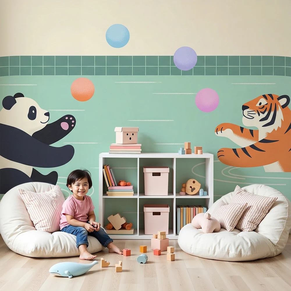 Papier de parede dječja soba | Panda i tigar igraju u vodi s šarenim balonima