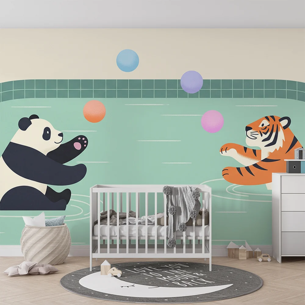Papier de parede dječja soba | Panda i tigar igraju u vodi s šarenim balonima
