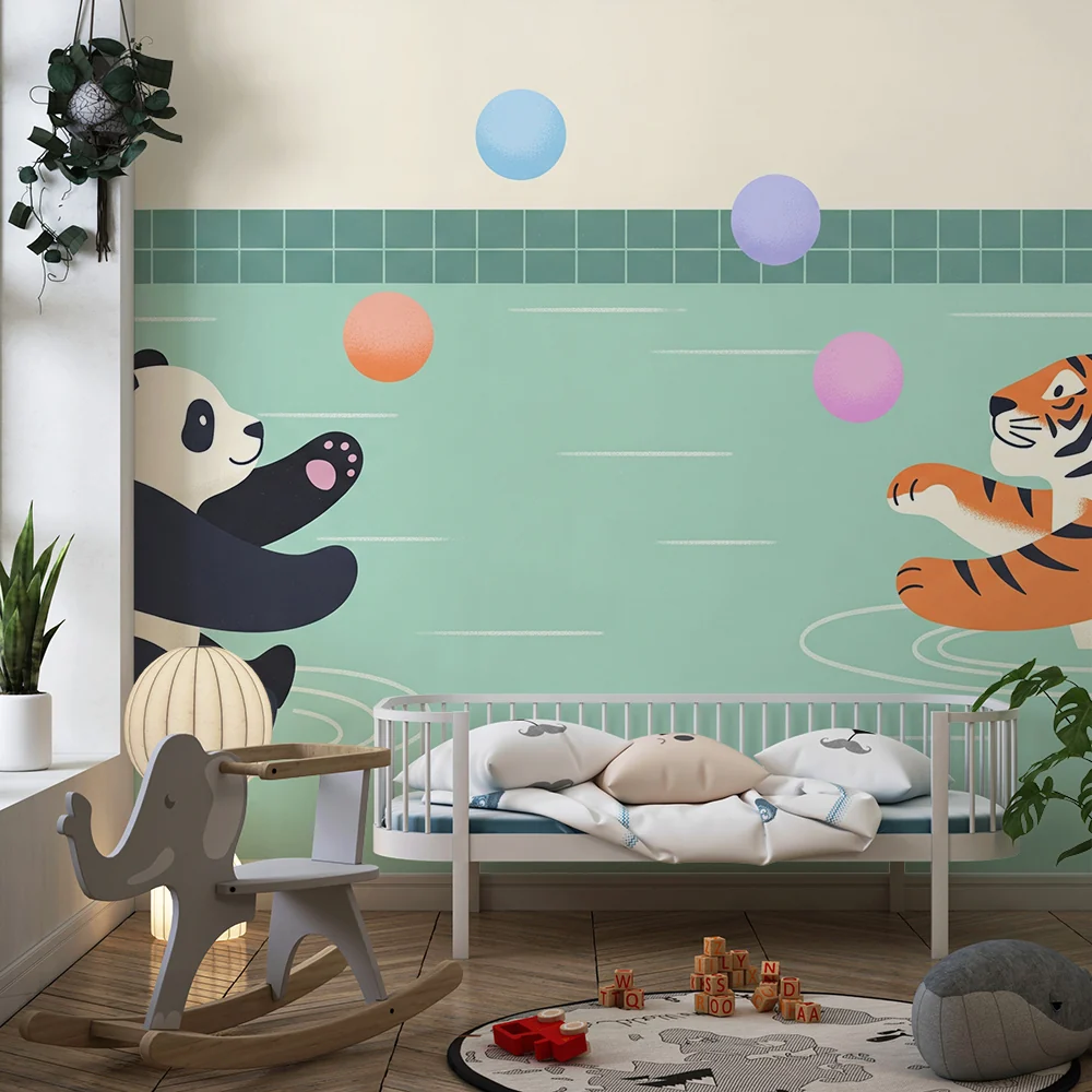 Papier de parede dječja soba | Panda i tigar igraju u vodi s šarenim balonima