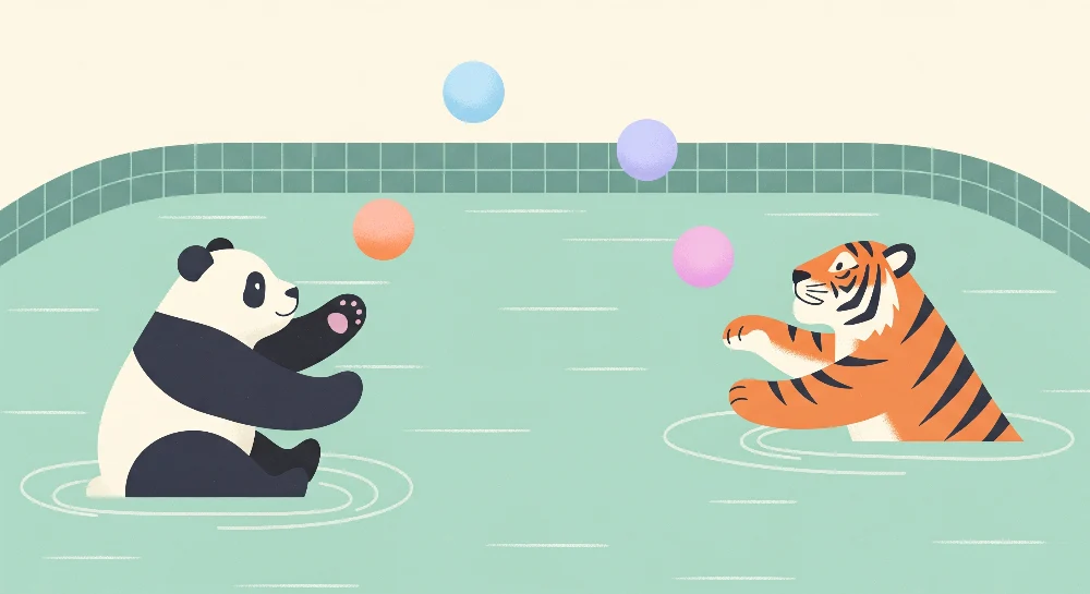 Papier de parede dječja soba | Panda i tigar igraju u vodi s šarenim balonima