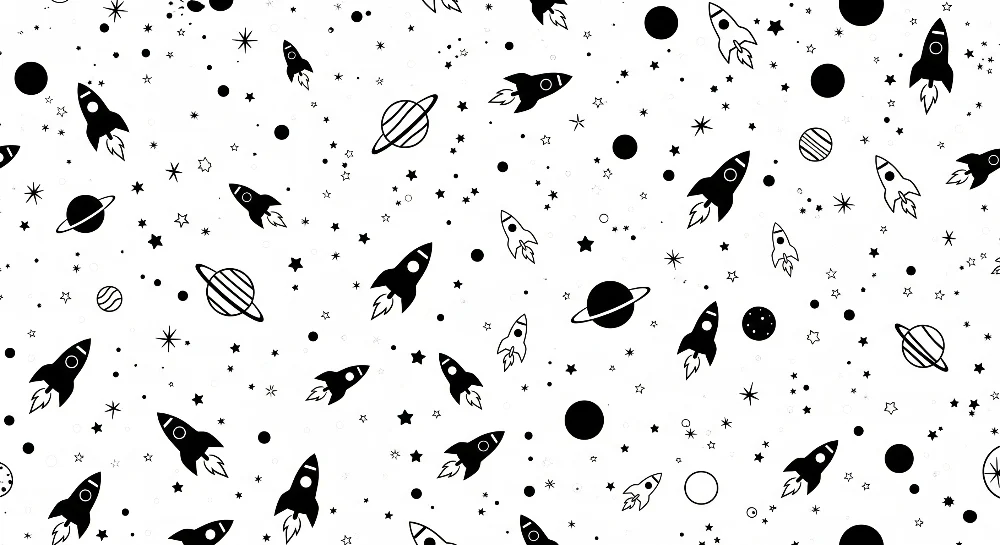 Papier de parede dječja soba | Rakete i planete u crno-bijelom svemiru