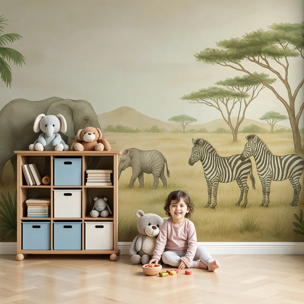 Papier de parede dječja soba | Slonovi i zebre u savani