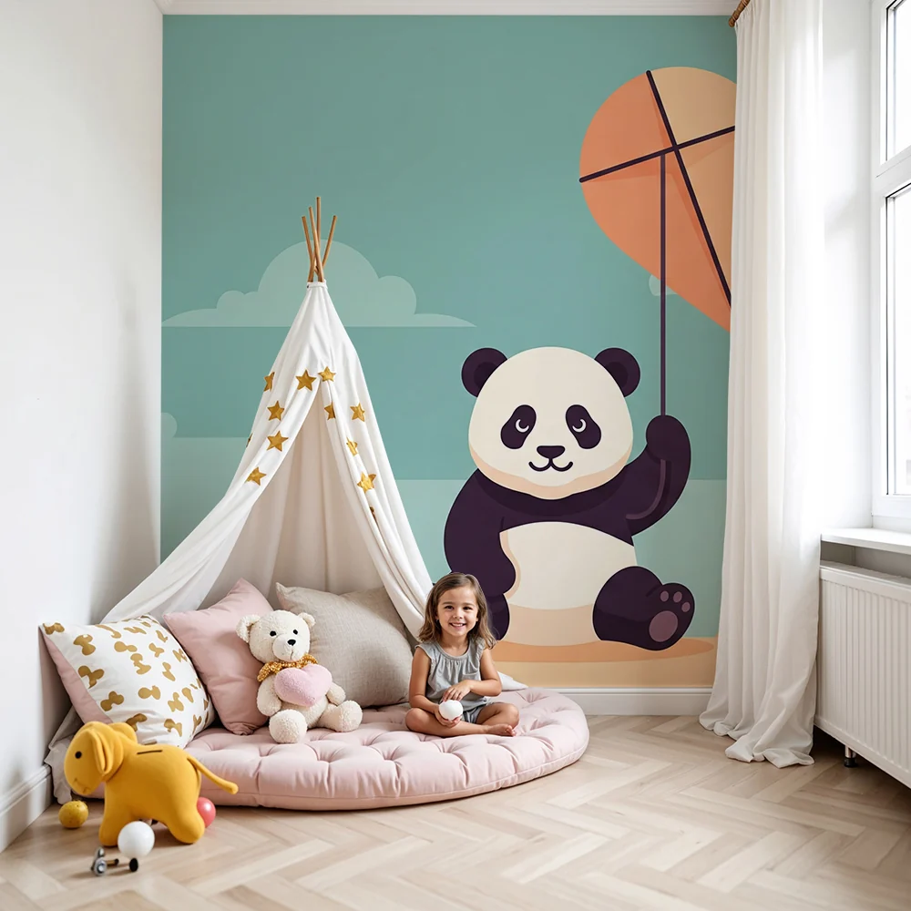 Papier de parede dječja soba | Sretan panda i zmaj na nebu