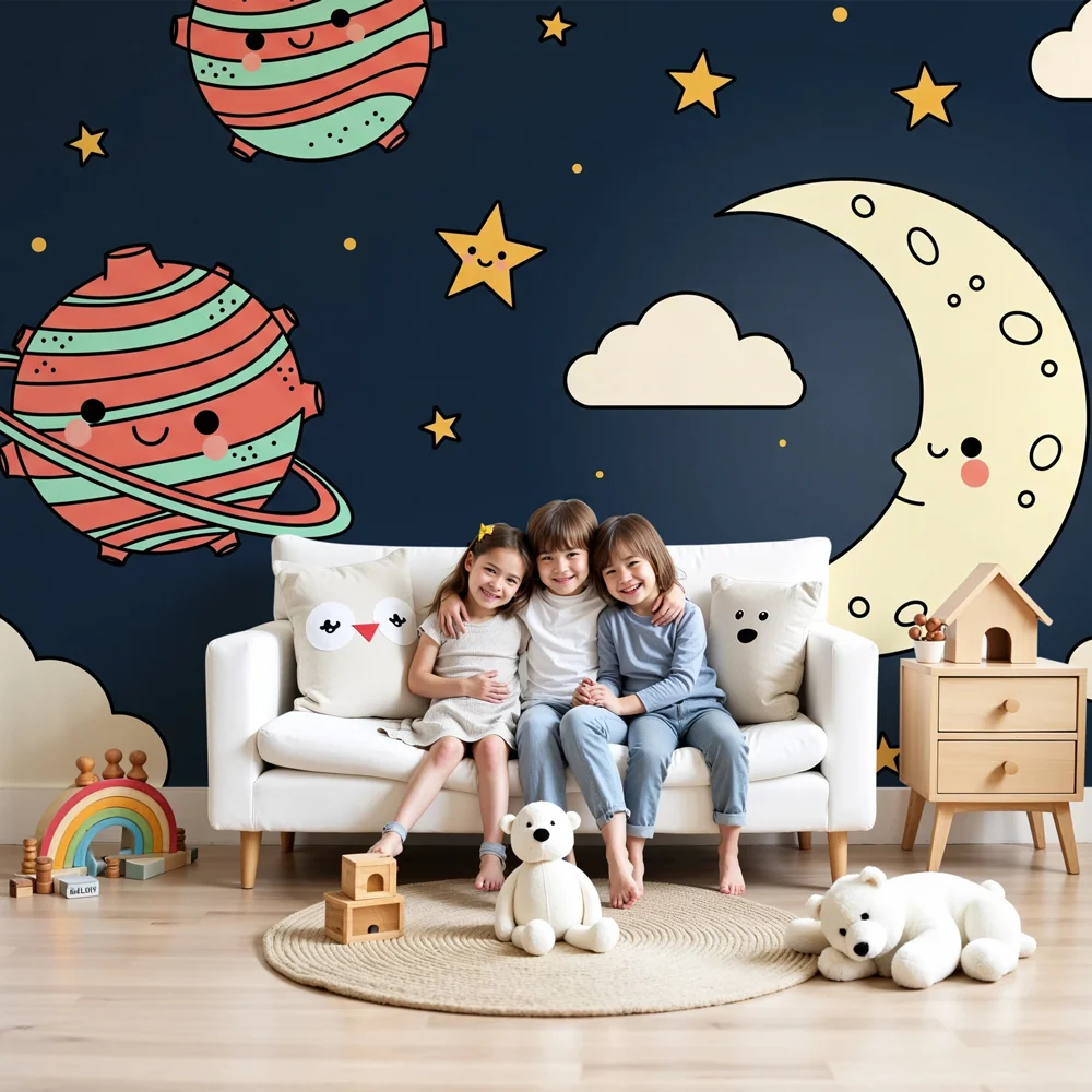 Papier de parede dječja soba | Sretne planete i zvjezdano nebo