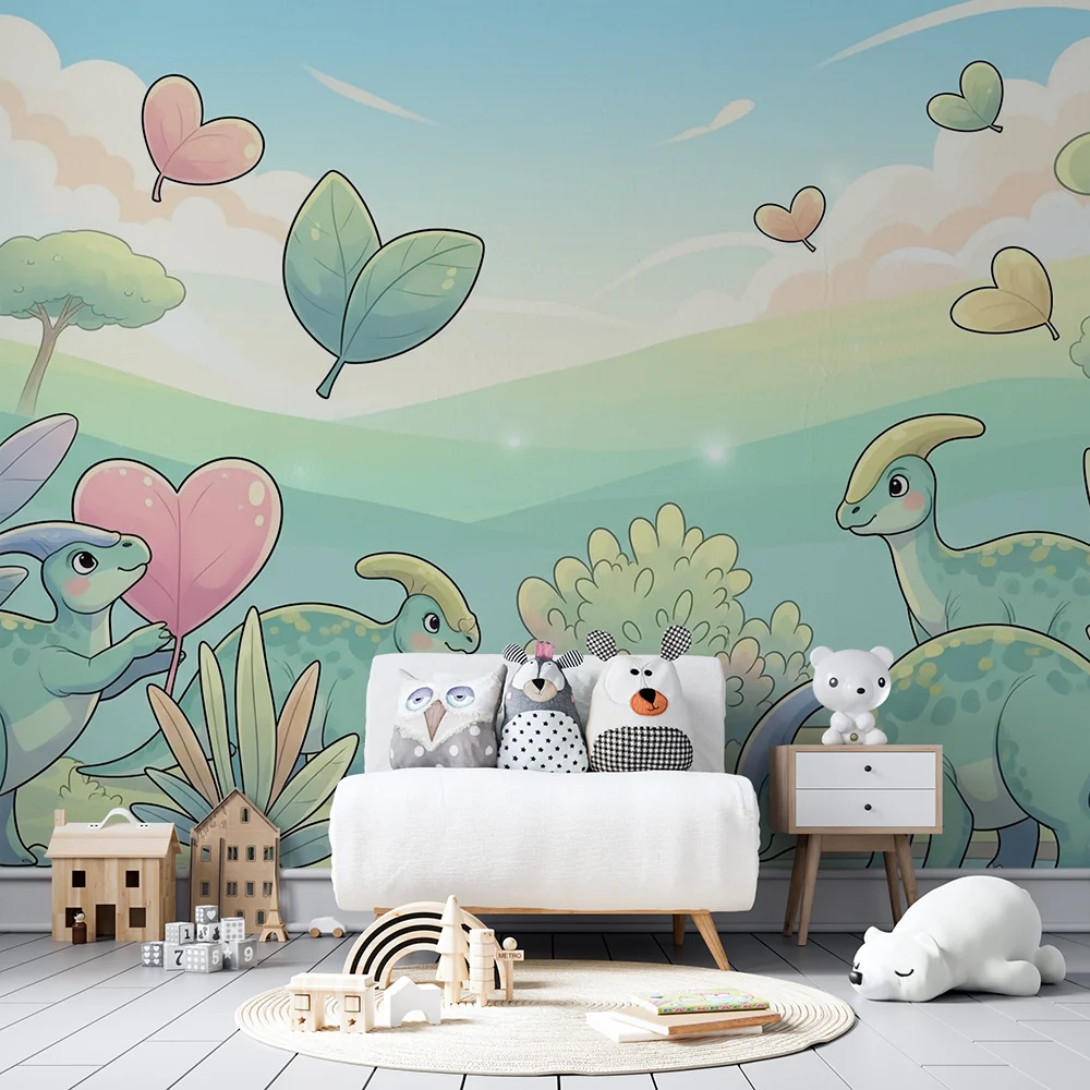 Papier de parede dječja soba | Sretni dinosauri u čarobnom krajoliku