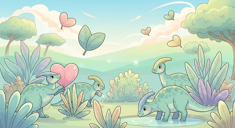 Papier de parede dječja soba | Sretni dinosauri u čarobnom krajoliku