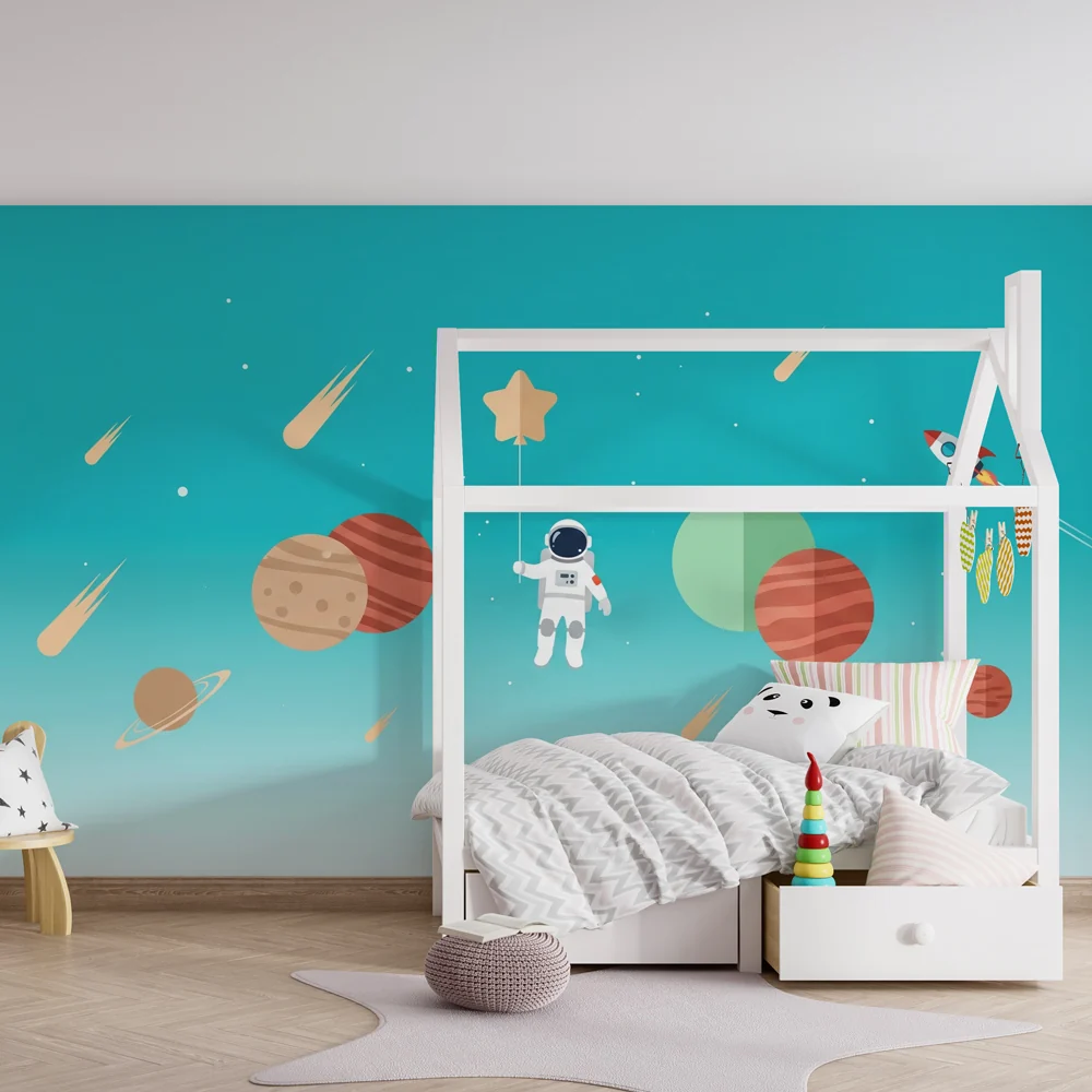 Papier de parede dječja soba | Svemirsko istraživanje s astronautom i planetima plavog neba