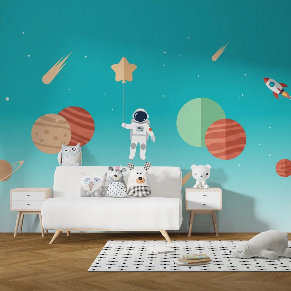 Papier de parede dječja soba | Svemirsko istraživanje s astronautom i planetima plavog neba