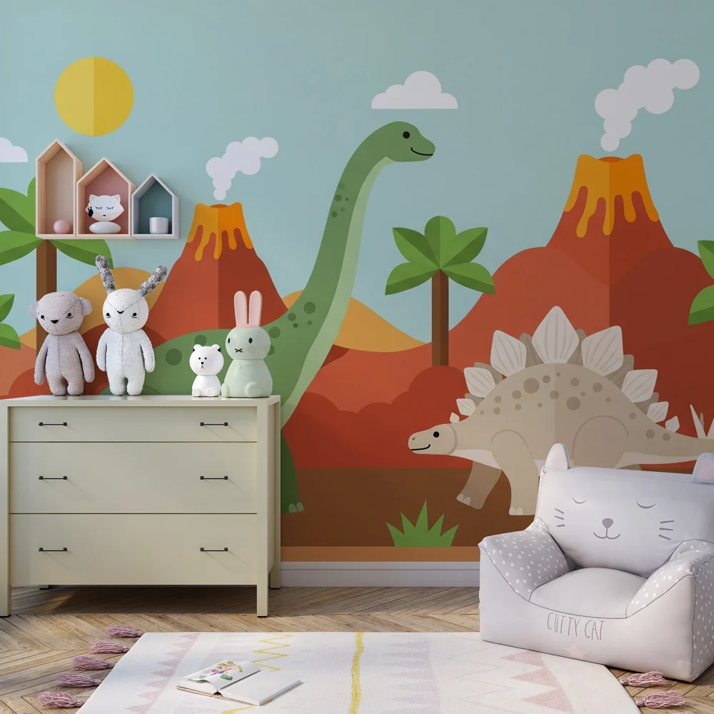 Papier de parede dječje sobe | Šareni dinosauri i vulkani