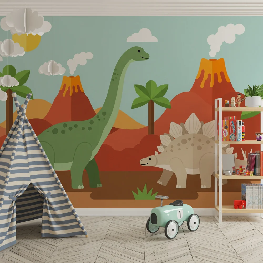 Papier de parede dječje sobe | Šareni dinosauri i vulkani