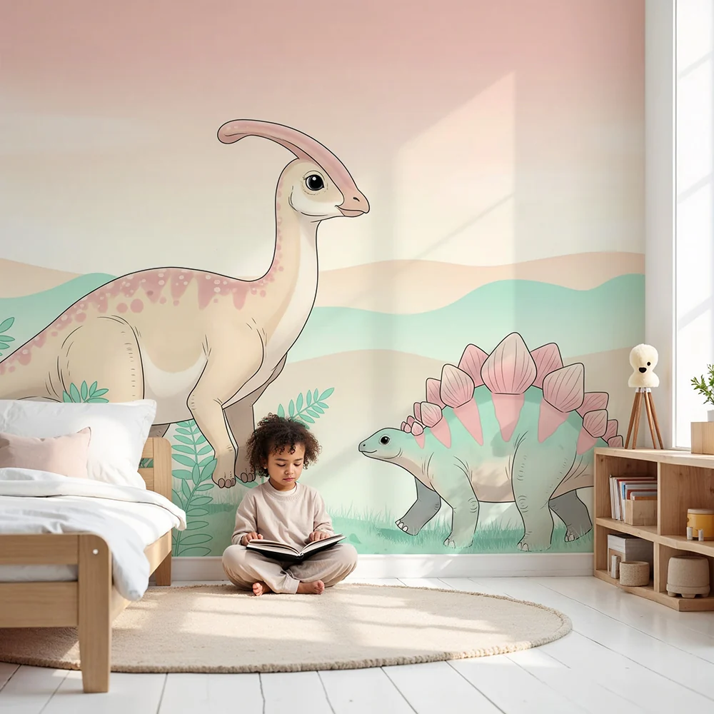 Papier de parede dječje sobe | Šareni dinosauri u nježnom krajoliku