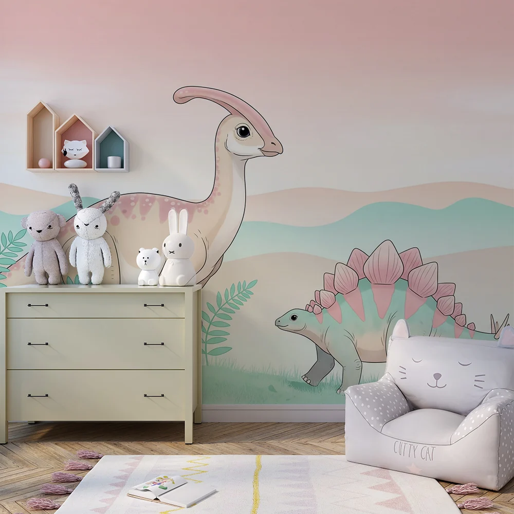 Papier de parede dječje sobe | Šareni dinosauri u nježnom krajoliku