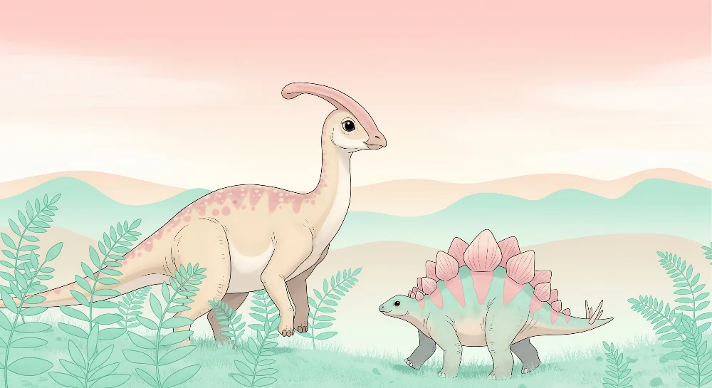 Papier de parede dječje sobe | Šareni dinosauri u nježnom krajoliku