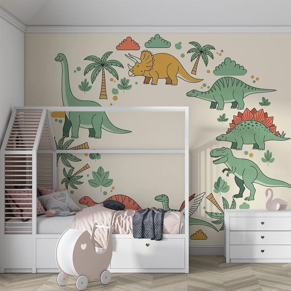 Papier de parede dječje sobe | Šareni dinosaurus i tropska džungla