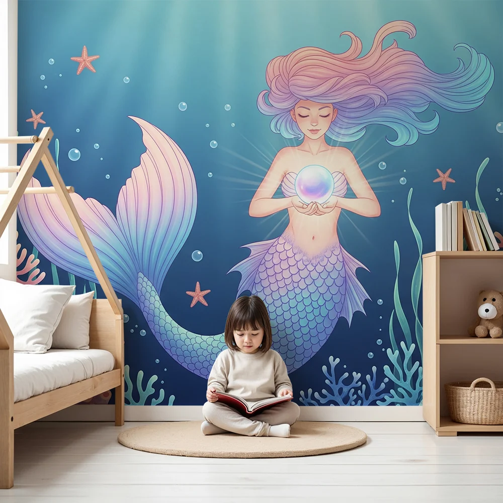 Papier de parede dječje sobe | Čarobna sirena s biserom na dnu oceana