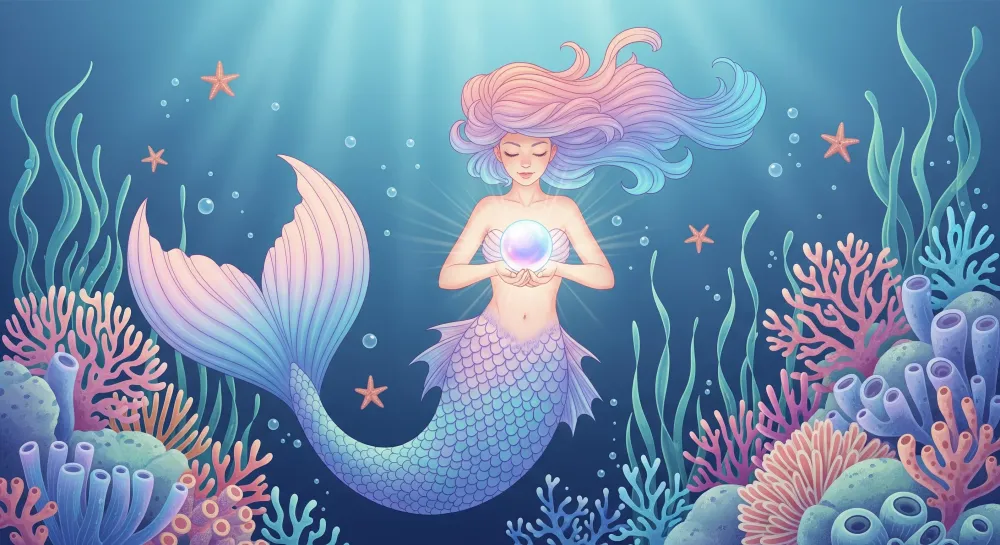 Papier de parede dječje sobe | Čarobna sirena s biserom na dnu oceana
