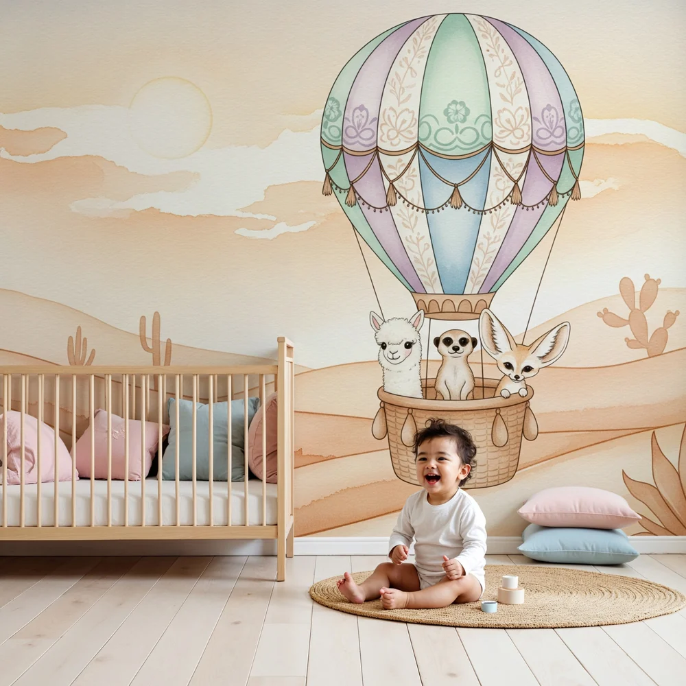 Papier de parede dječje sobe | Balon i životinje pustinje