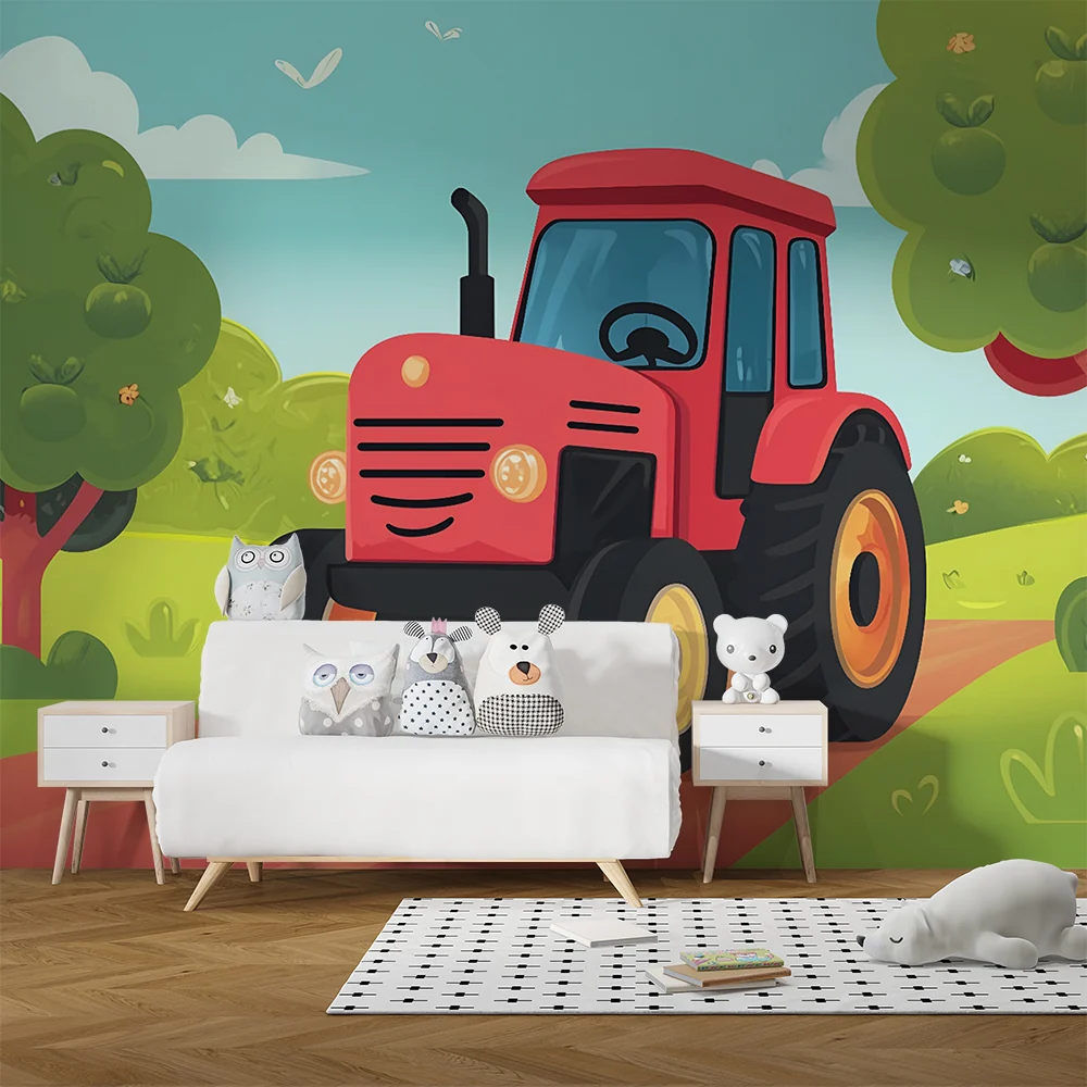 Papier de parede dječje sobe | Crveni traktor i voćnjak