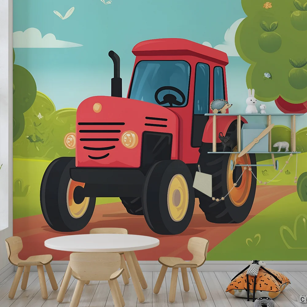 Papier de parede dječje sobe | Crveni traktor i voćnjak