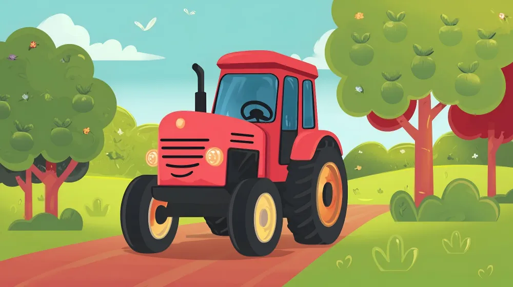 Papier de parede dječje sobe | Crveni traktor i voćnjak