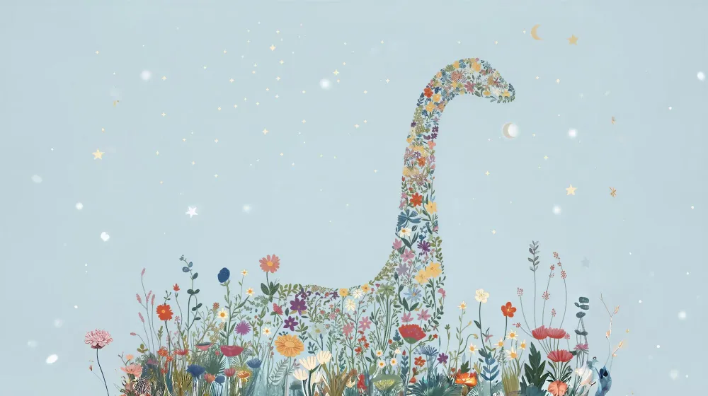 Papier de parede dječje sobe | Cvjetni dinosaurus i zvjezdano nebo
