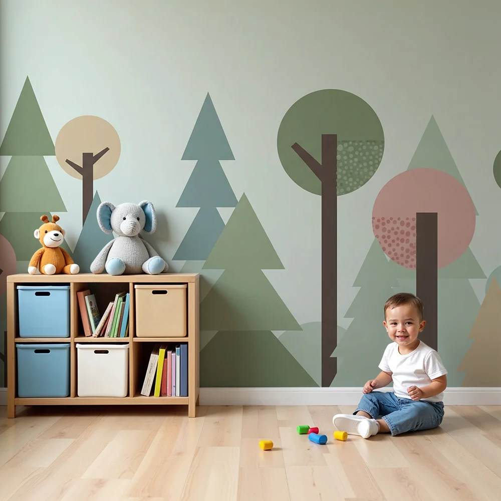 Papier de parede dječje sobe | Geometrijska šuma u nježnim bojama