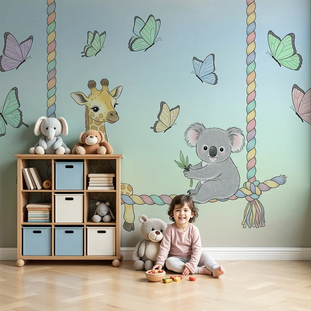 Papier de parede dječje sobe | Žirafa i koala na ljuljački