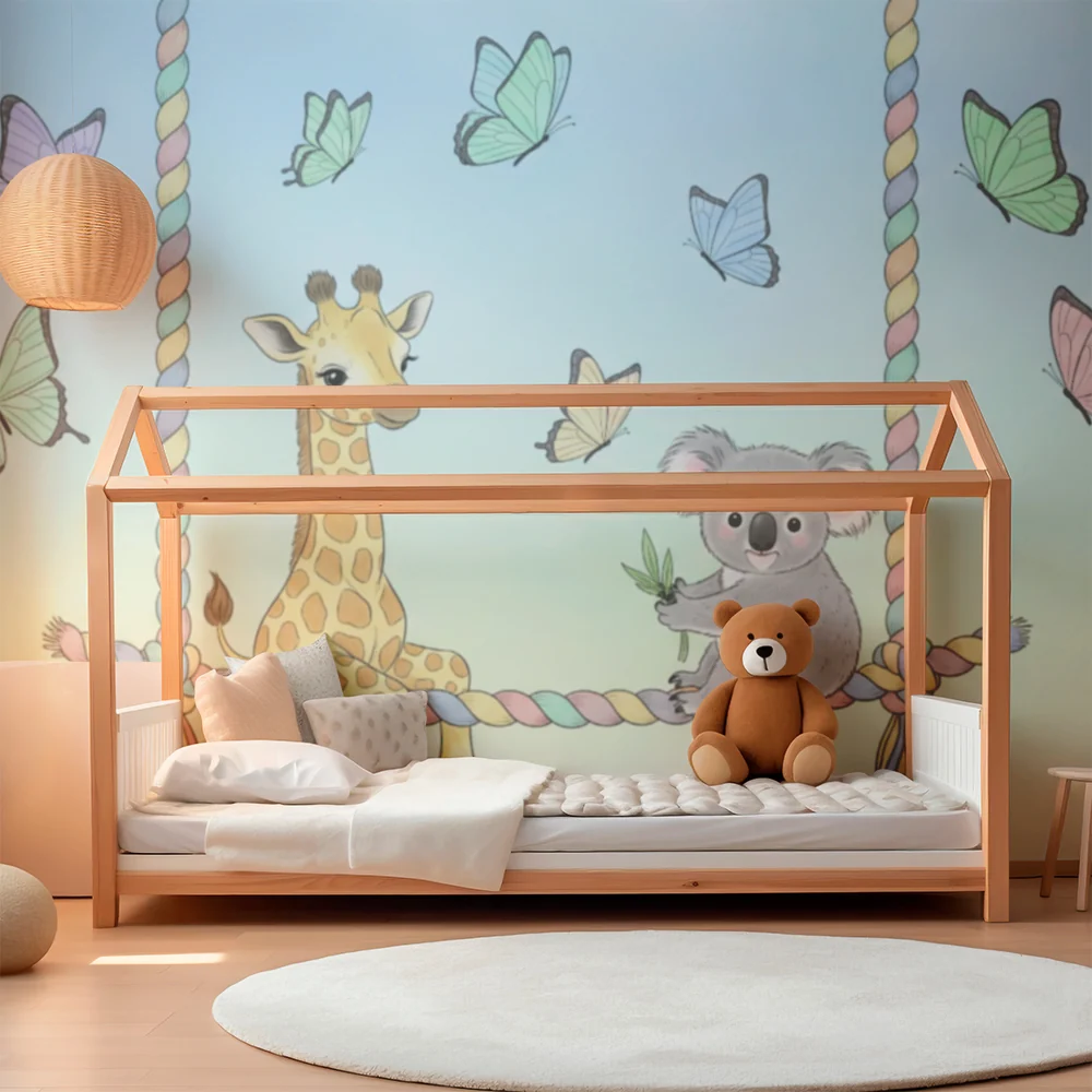 Papier de parede dječje sobe | Žirafa i koala na ljuljački