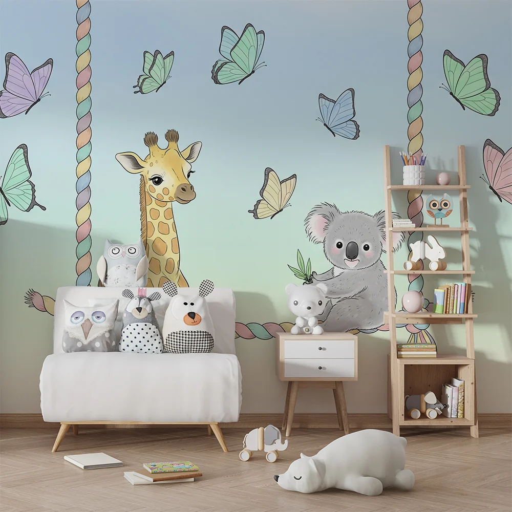 Papier de parede dječje sobe | Žirafa i koala na ljuljački