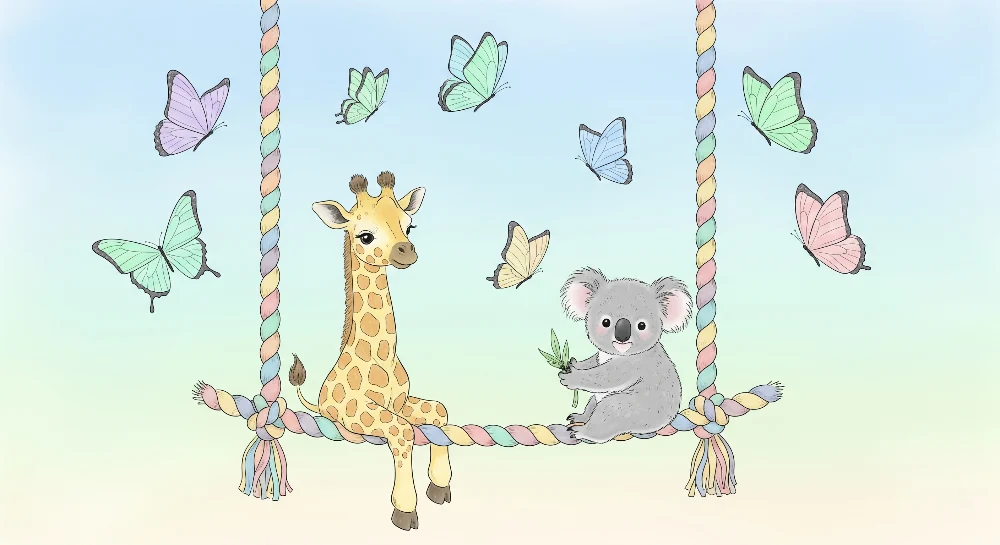 Papier de parede dječje sobe | Žirafa i koala na ljuljački