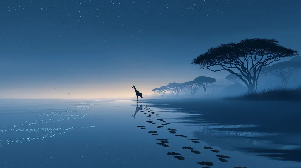 Papier de parede dječje sobe | Žirafa uz rub vode u zvjezdanoj noći