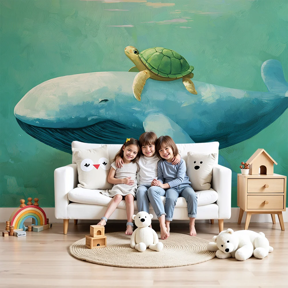 Papier de parede dječje sobe | Kit i kornjač plivaju u mirnom oceanu
