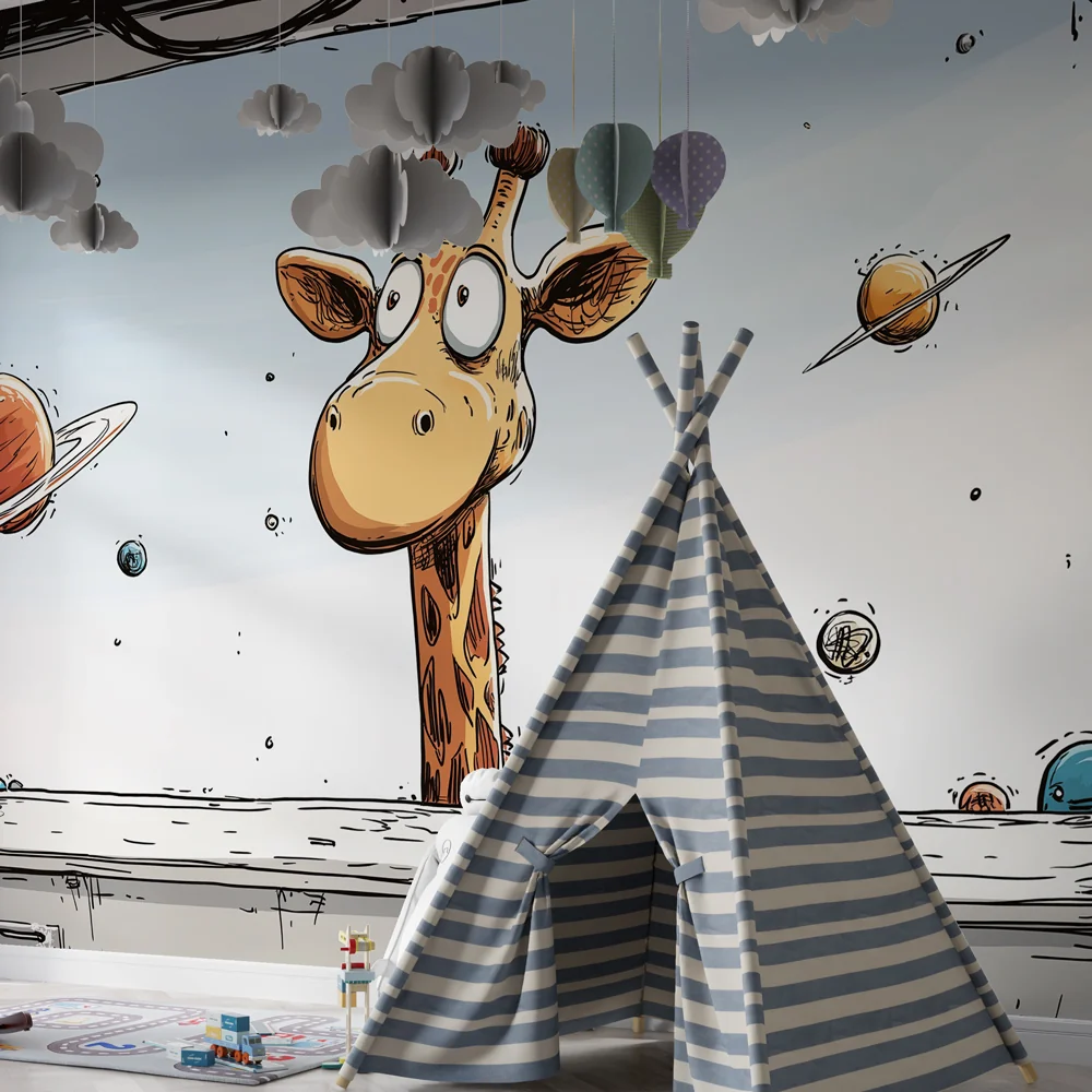 Papier de parede dječje sobe | Kozmička žirafa i šarene planete