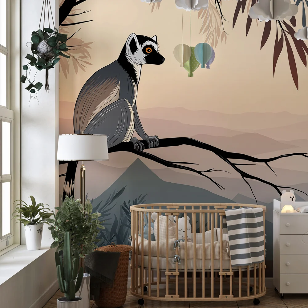 Papier de parede dječje sobe | Lemur na grani pri izlasku sunca